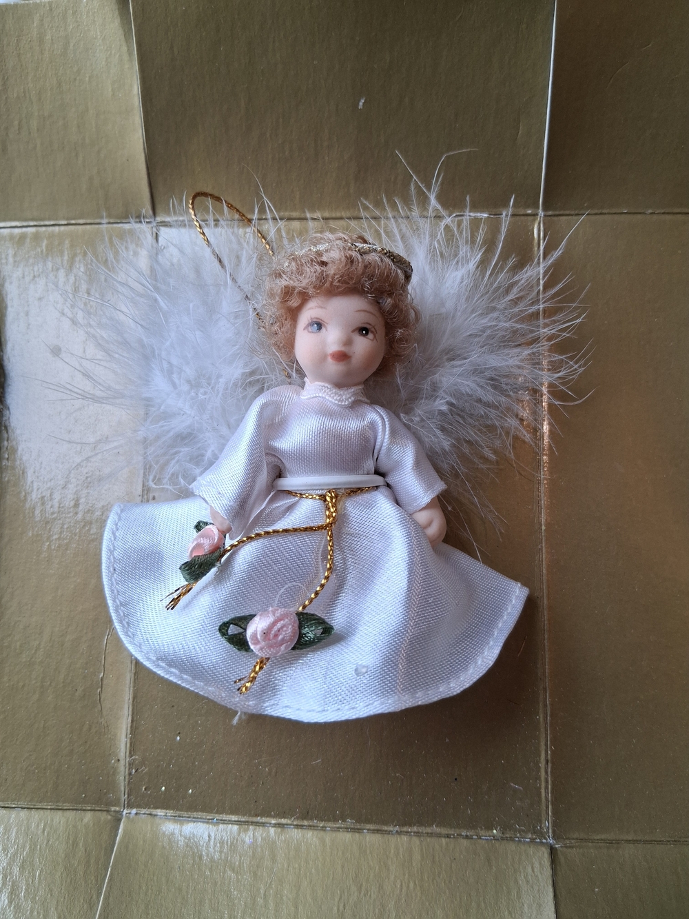 Angel Porcelain Satin Angel Ornament with Pink Rose